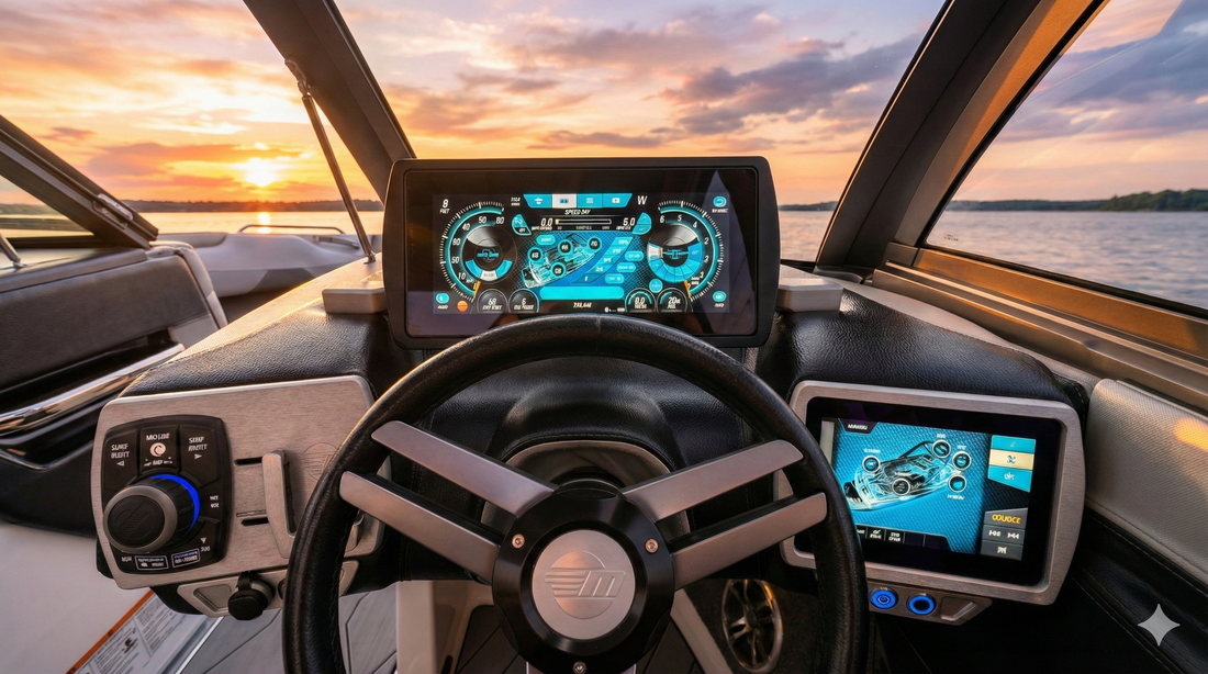 Medallion Viper 2 Command Center on 2015+ Malibu Wakesetter dash with 7-inch and 12-inch touchscreens shown in boat