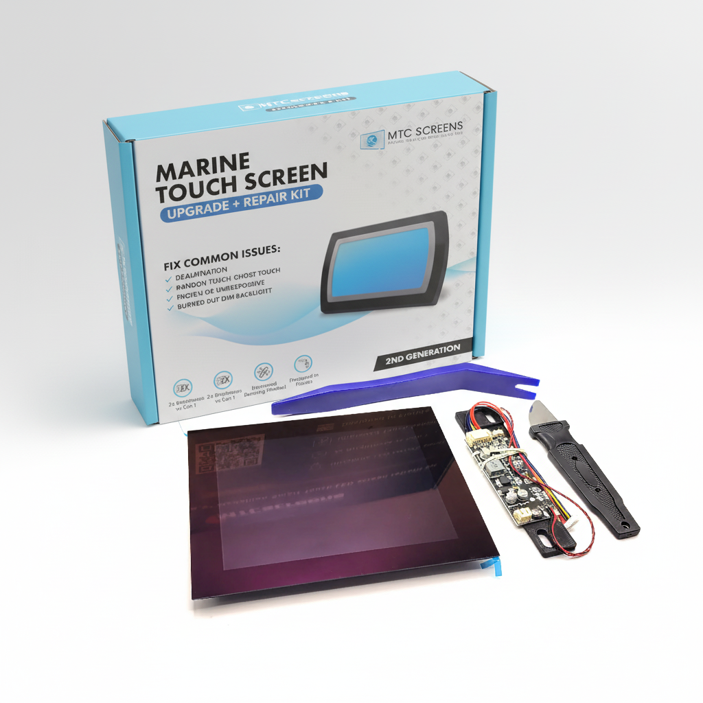 Marine touch screen upgrade and repair kit with components on a white background