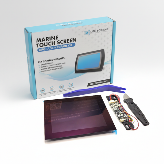 Marine touch screen upgrade and repair kit with components on a white background