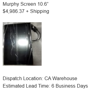 Product listing for a 'Murphy Screen 10.6' with price, location, and estimated lead time information.